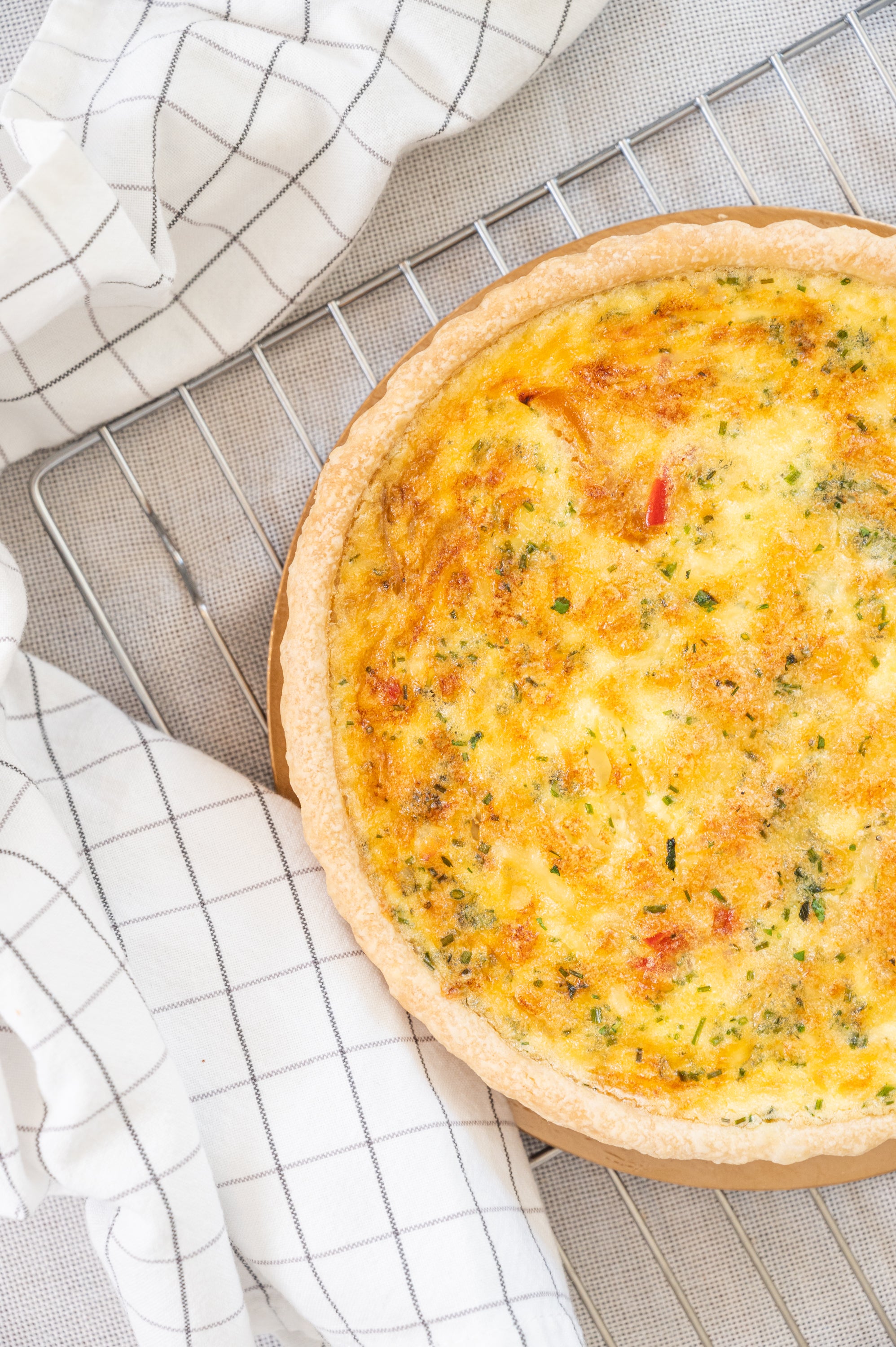 Savoury Tart - Caramelized Onions, Red Pepper, Emmental Cheese & Chives.