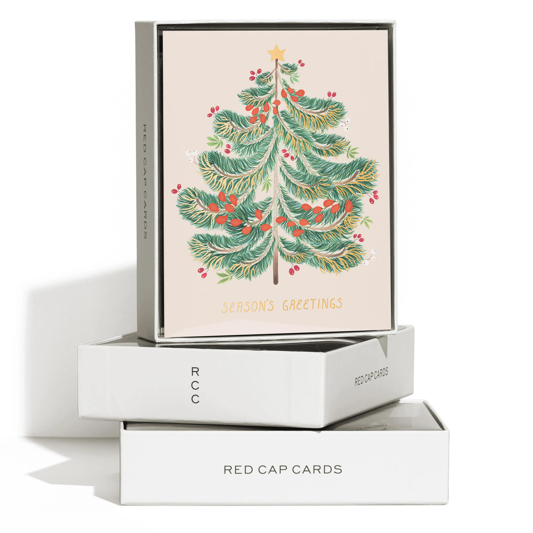 Red Cap Cards: Festive Evergreen Holiday Greeting Card.